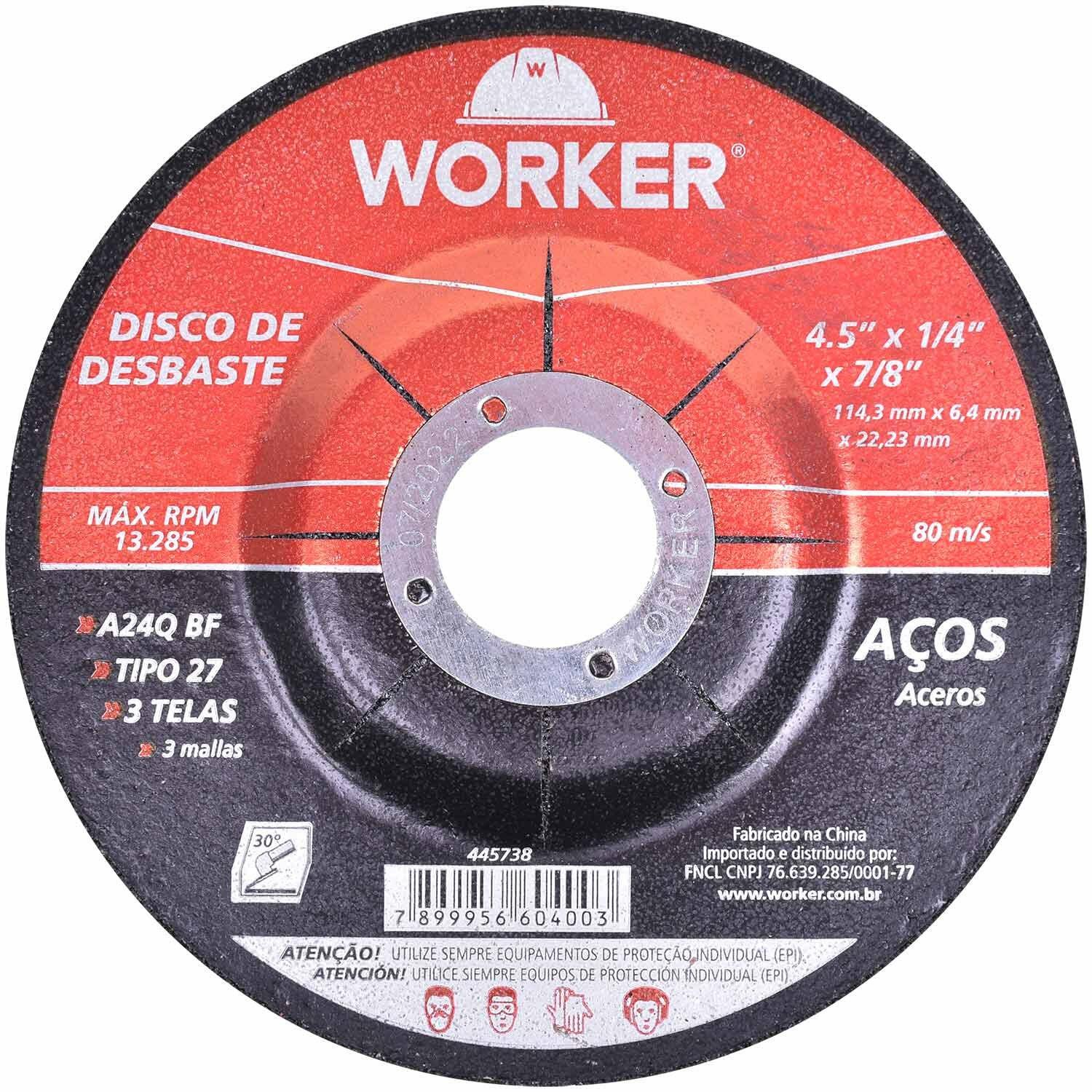 Disco de Desbaste para Aço com 3 Telas 4. 5"x1/4"x7/8"worker