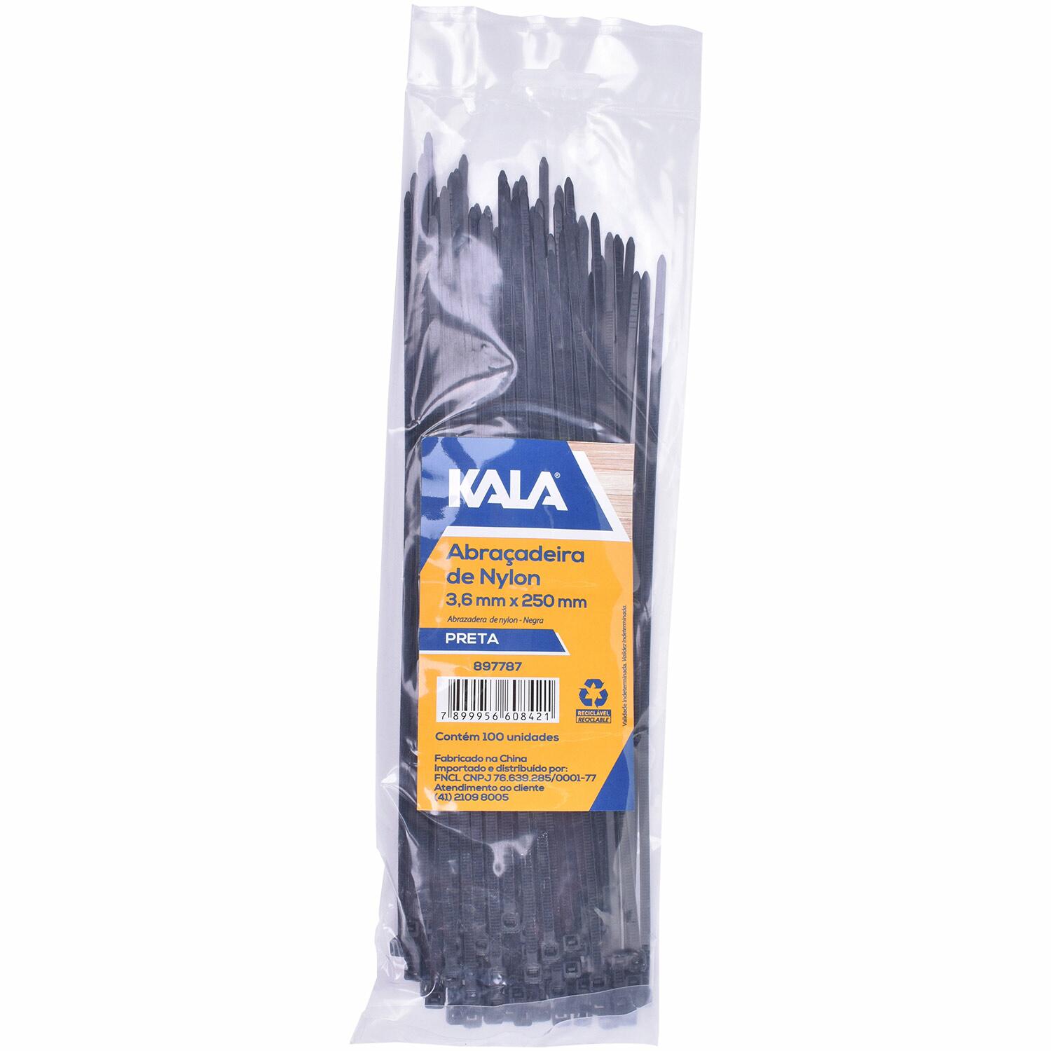 AbraÃ§adeira Nylon 3,6Mm X 250Mm Preta Kala 100 PeÃ§as