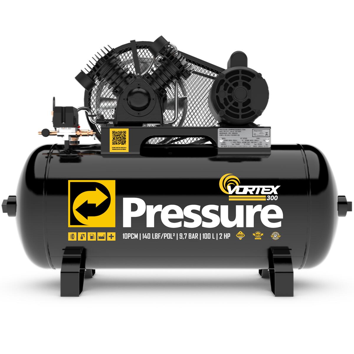 Compressor De Ar Vortex 300 100L 2Hp 10Pcm 140Psi Mono Pressure